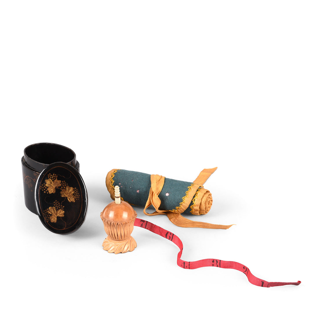 Contents Detail From Antique Chinoiserie Lacquer Stacking Haberdashery Box | Indigo Antiques