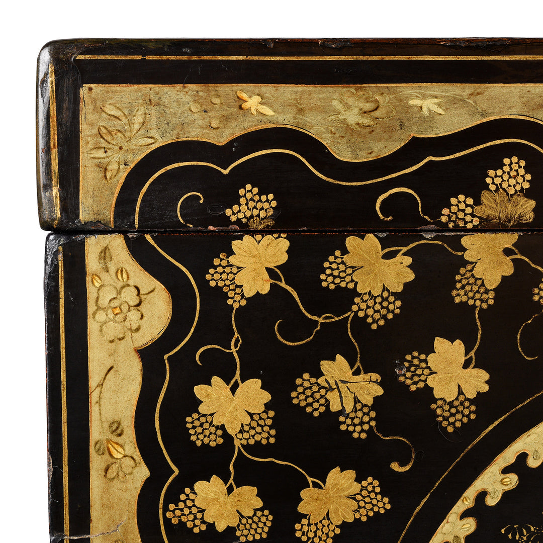 Corner Detail From Antique Chinoiserie Lacquer Stacking Haberdashery Box | Indigo Antiques