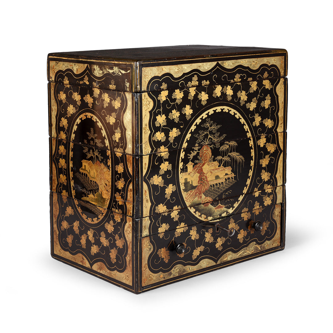 Angled View Of Antique Chinoiserie Lacquer Stacking Haberdashery Box | Indigo Antiques