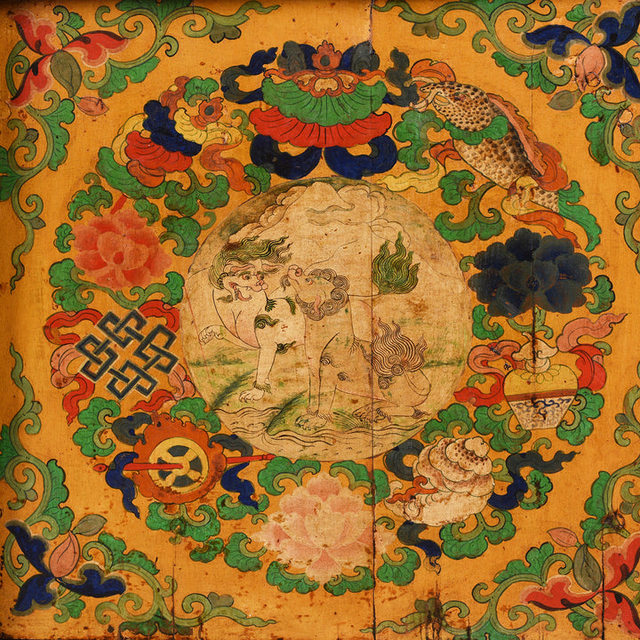 Tibetan Snow Lion & Chinese Lion  Tibetan Door Panel Detail From Antique Tibetan Painted Altar Cabinet -  Late 19th Century | Indigo Antiques