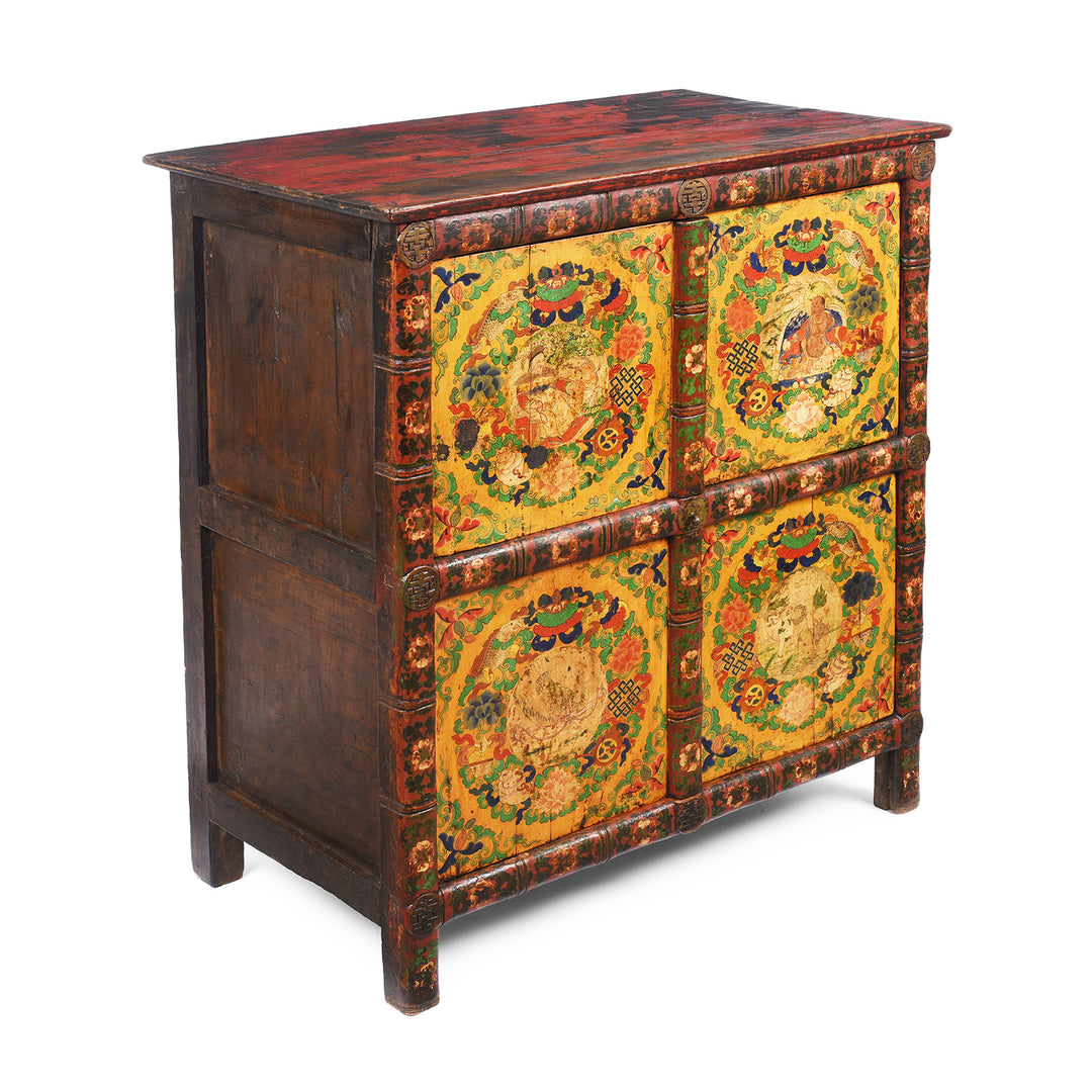 Angled View Of Antique Tibetan Painted Altar Cabinet -  Late 19th Century | Indigo Antiques