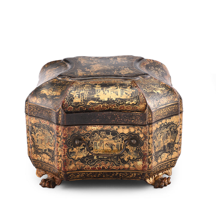 Side View Of Antique Black Lacquer Chinoiserie Sewing Box | Indigo Antiques 
