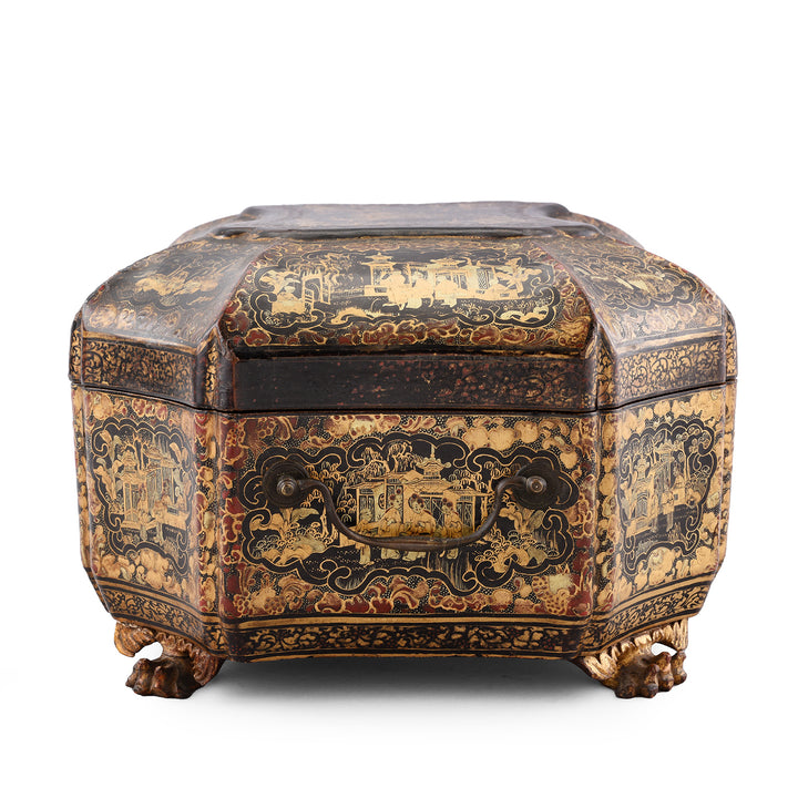 Side VIew Of Antique Black Lacquer Chinoiserie Sewing Box | Indigo Antiques 
