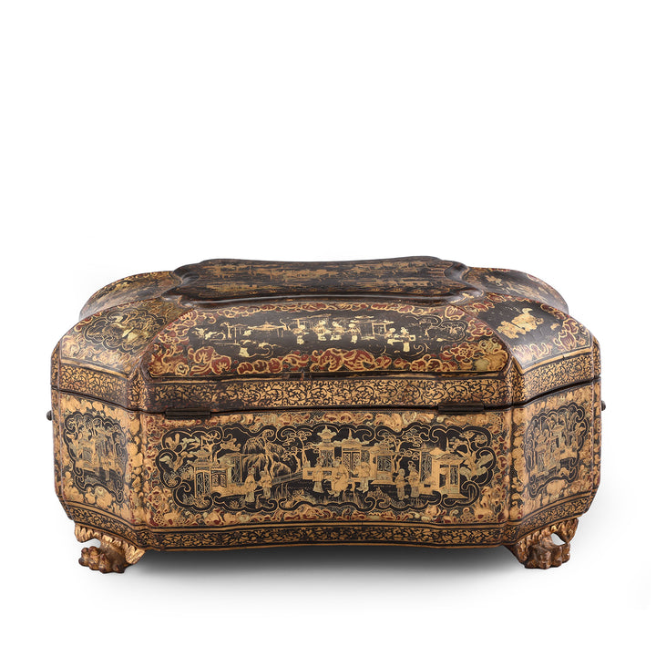 Back Of Antique Black Lacquer Chinoiserie Sewing Box | Indigo Antiques 