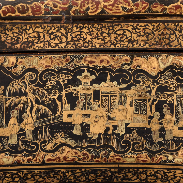 Detail From Antique Black Lacquer Chinoiserie Sewing Box | Indigo Antiques 