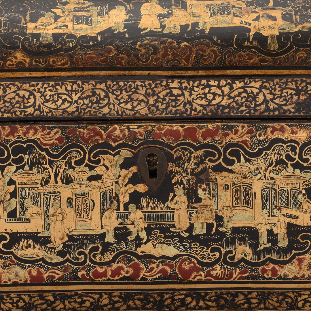 Key Detail From Antique Black Lacquer Chinoiserie Sewing Box | Indigo Antiques 