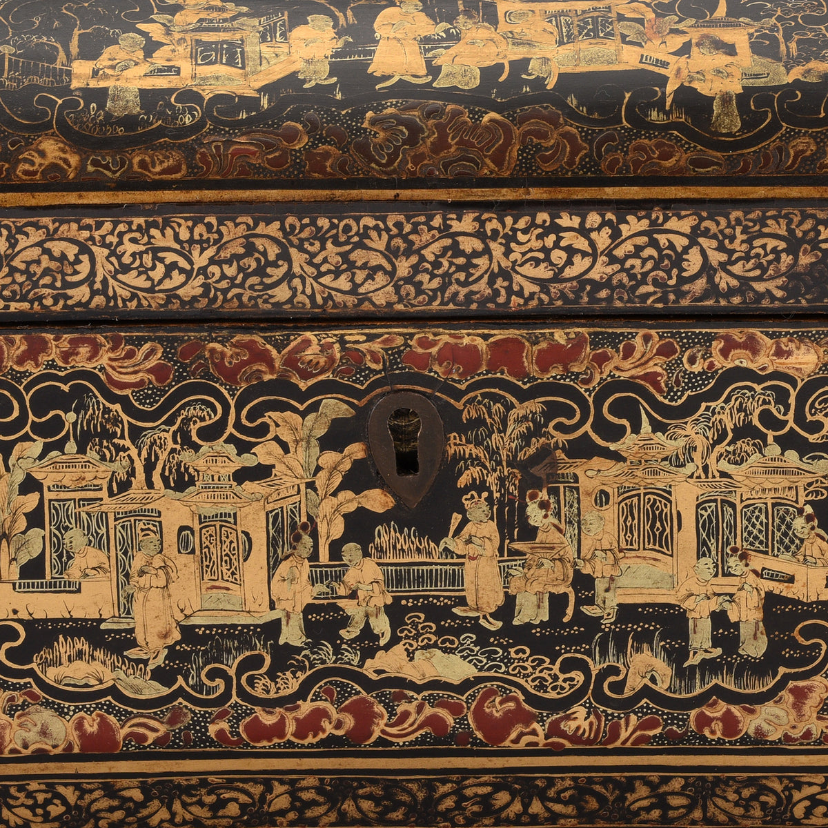 Key Detail From Antique Black Lacquer Chinoiserie Sewing Box | Indigo Antiques 