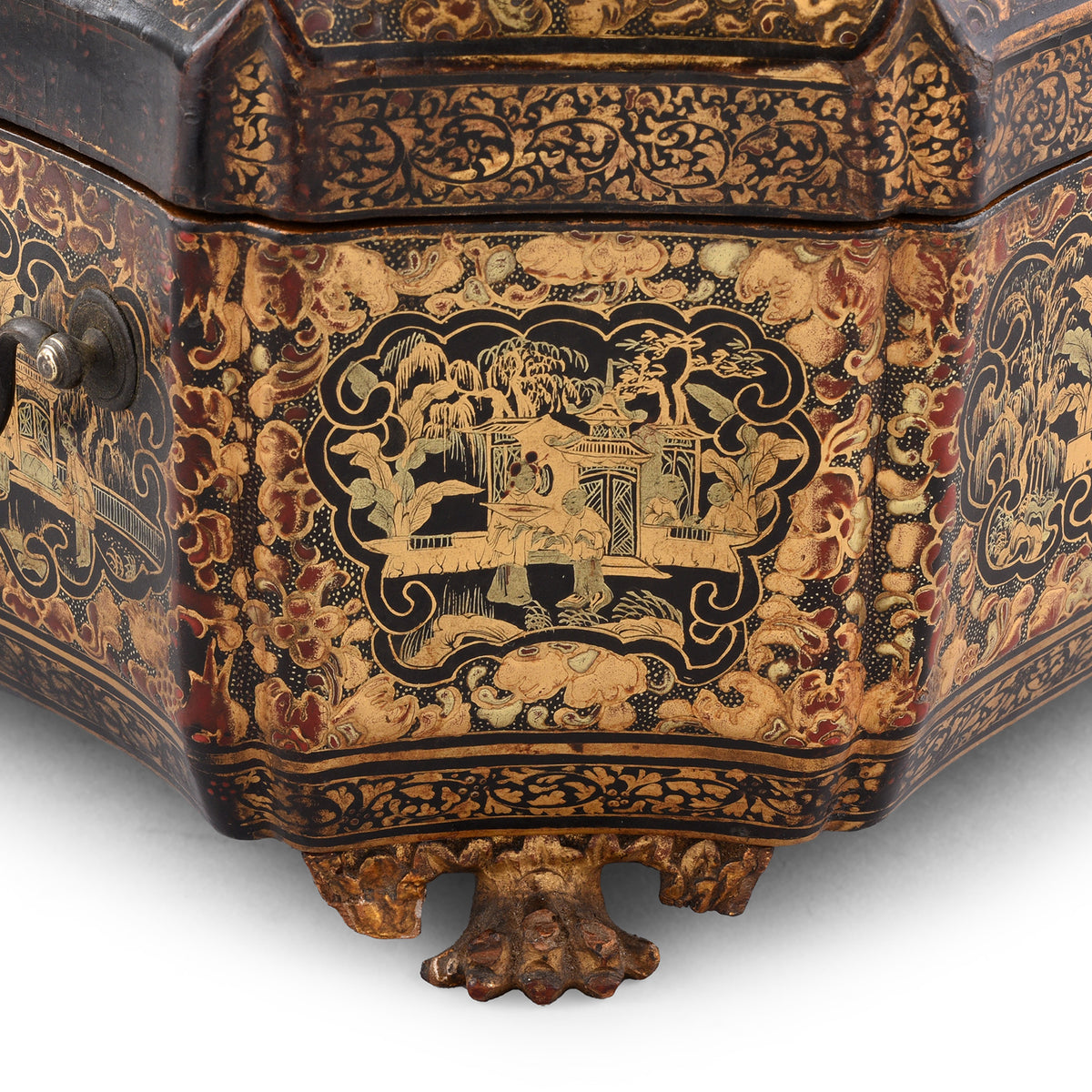 Foot Detail From Antique Black Lacquer Chinoiserie Sewing Box | Indigo Antiques 