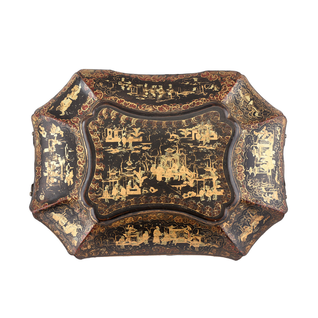 Top Down View Of Antique Black Lacquer Chinoiserie Sewing Box | Indigo Antiques 