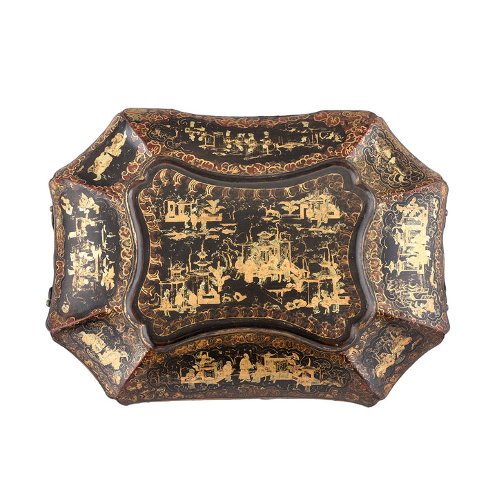 Top Down View Of Antique Black Lacquer Chinoiserie Sewing Box | Indigo Antiques 
