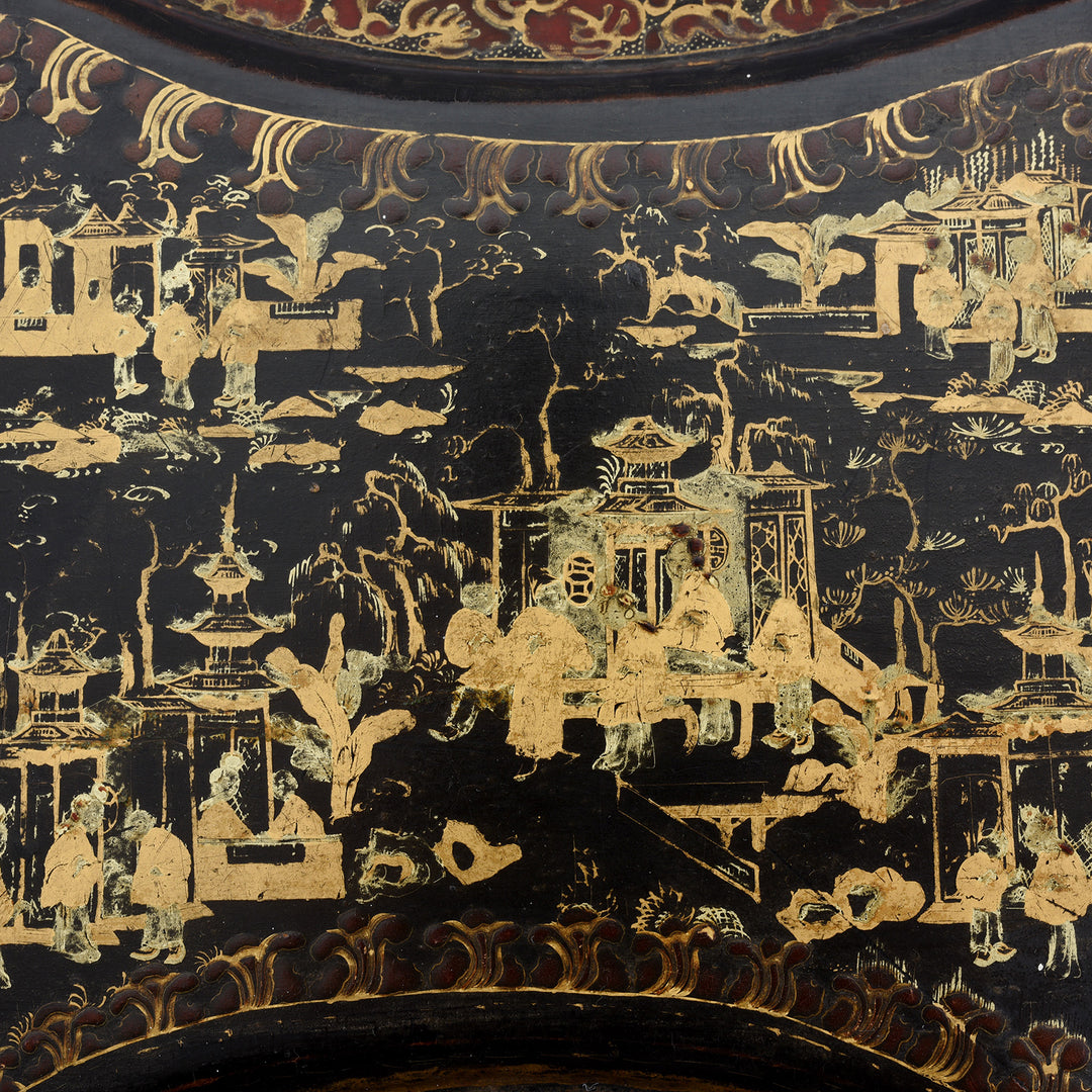 Top Detail From Antique Black Lacquer Chinoiserie Sewing Box | Indigo Antiques 