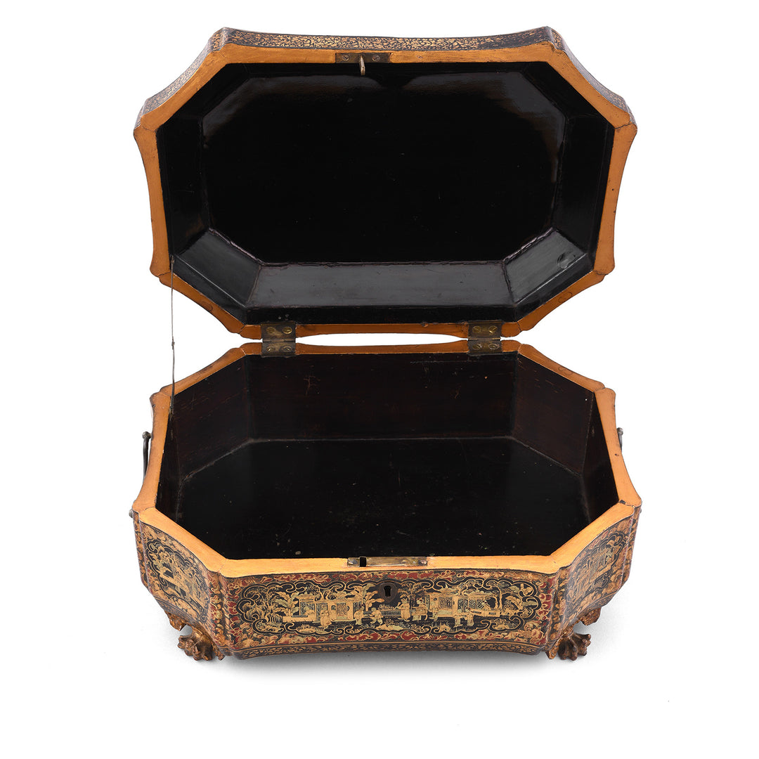 Interior Of Antique Black Lacquer Chinoiserie Sewing Box | Indigo Antiques 