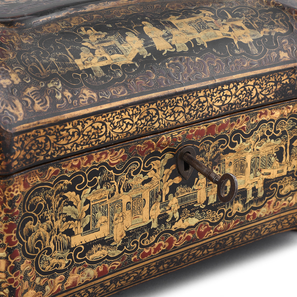Key Detail From Antique Black Lacquer Chinoiserie Sewing Box | Indigo Antiques 