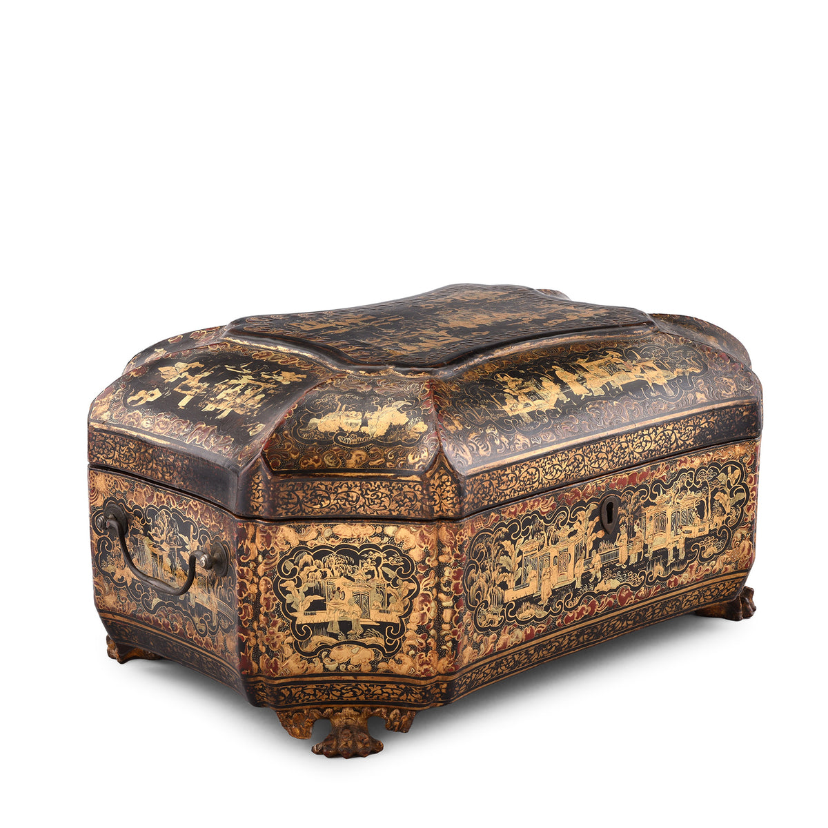 Angled VIew Of Antique Black Lacquer Chinoiserie Sewing Box | Indigo Antiques 