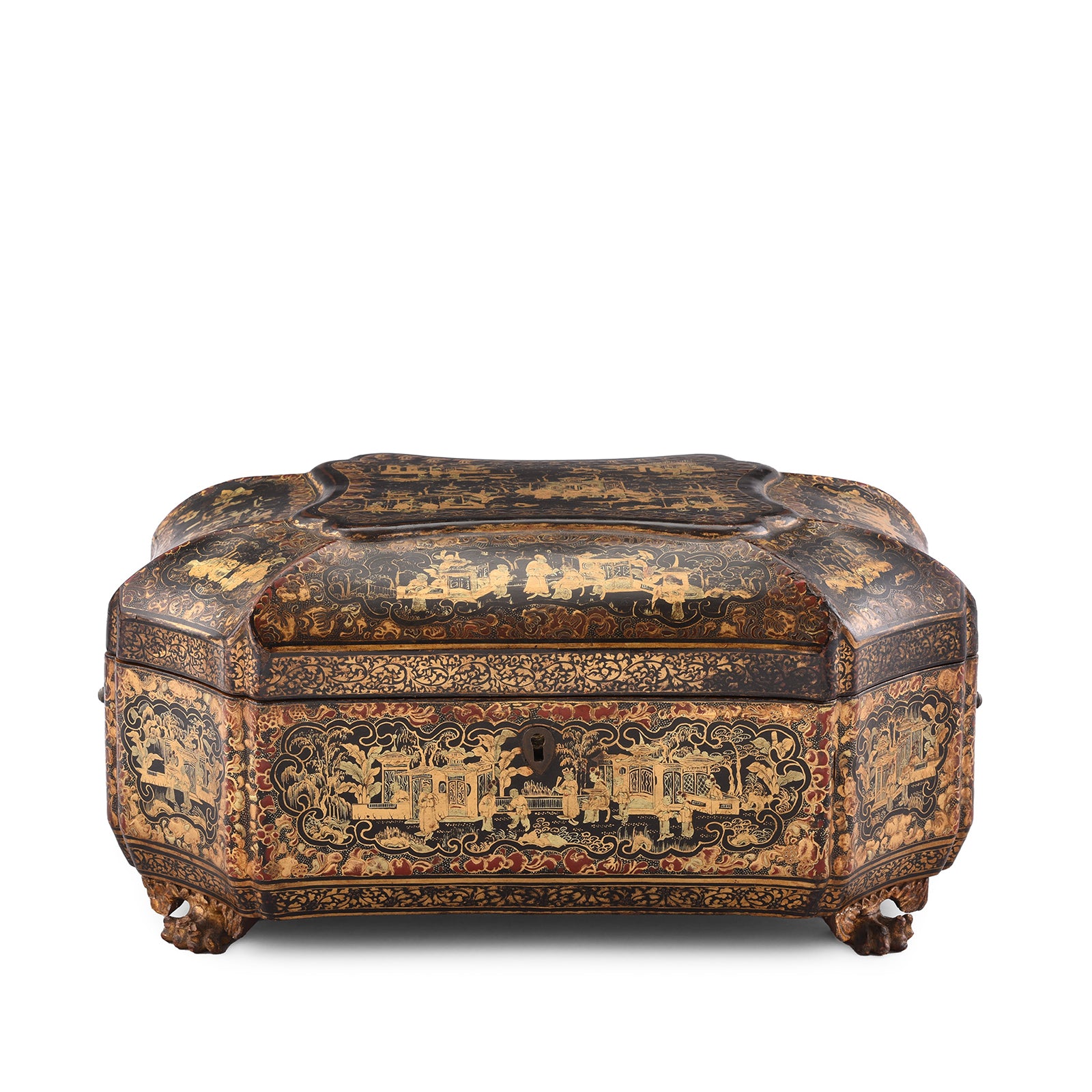 Gilt Black Lacquer Chinese Export Sewing Box - Early 19th Century Gilt Black Lacquer Chinese Export Sewing Box - Early 19th Century