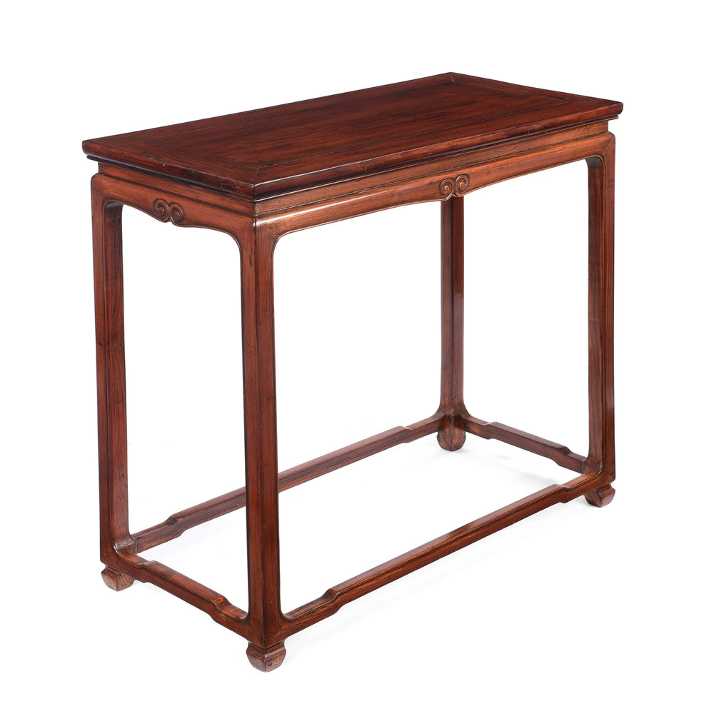 Angled View Of Reproduction Red Elm Half Table | indigo Antiques