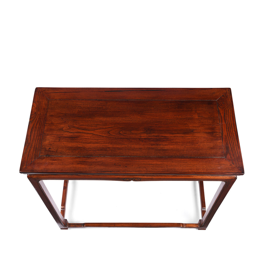 Top Down View Of Reproduction Red Elm Half Table | indigo Antiques