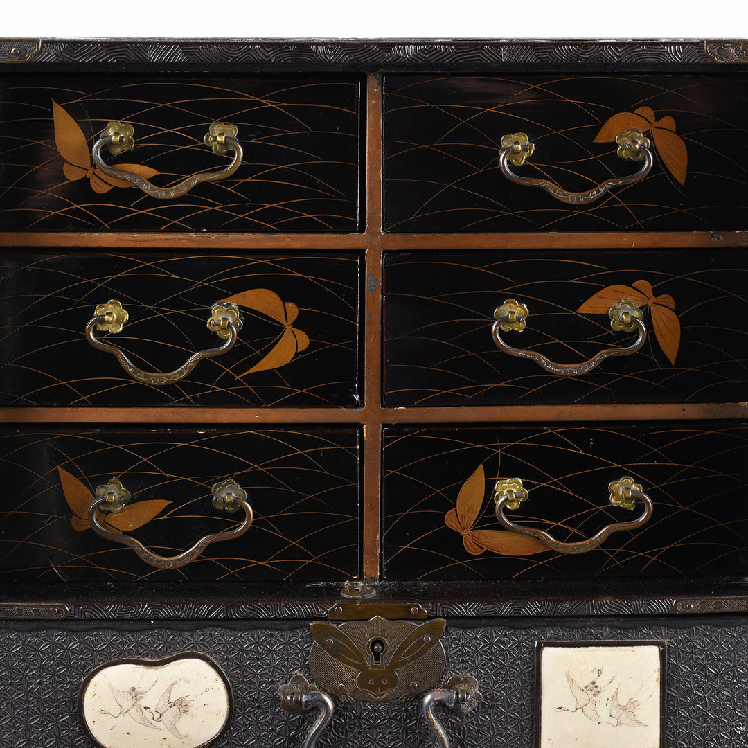 Japanese Black Lacquer Kodansu Jewellery Cabinet - Meiji Period