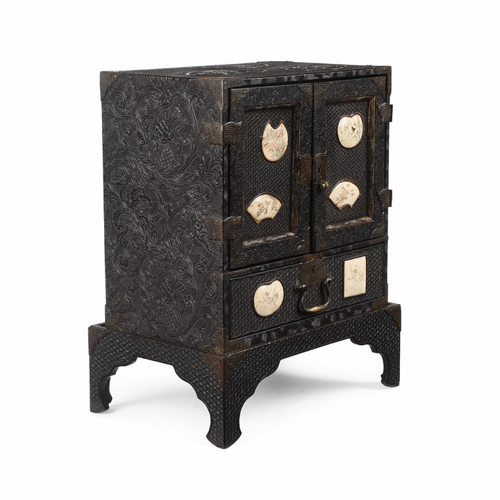 Angled View Of Antique Japanese Black Lacquer Kodansu Jewellery Cabinet - Meiji Period | Indigo Antiques