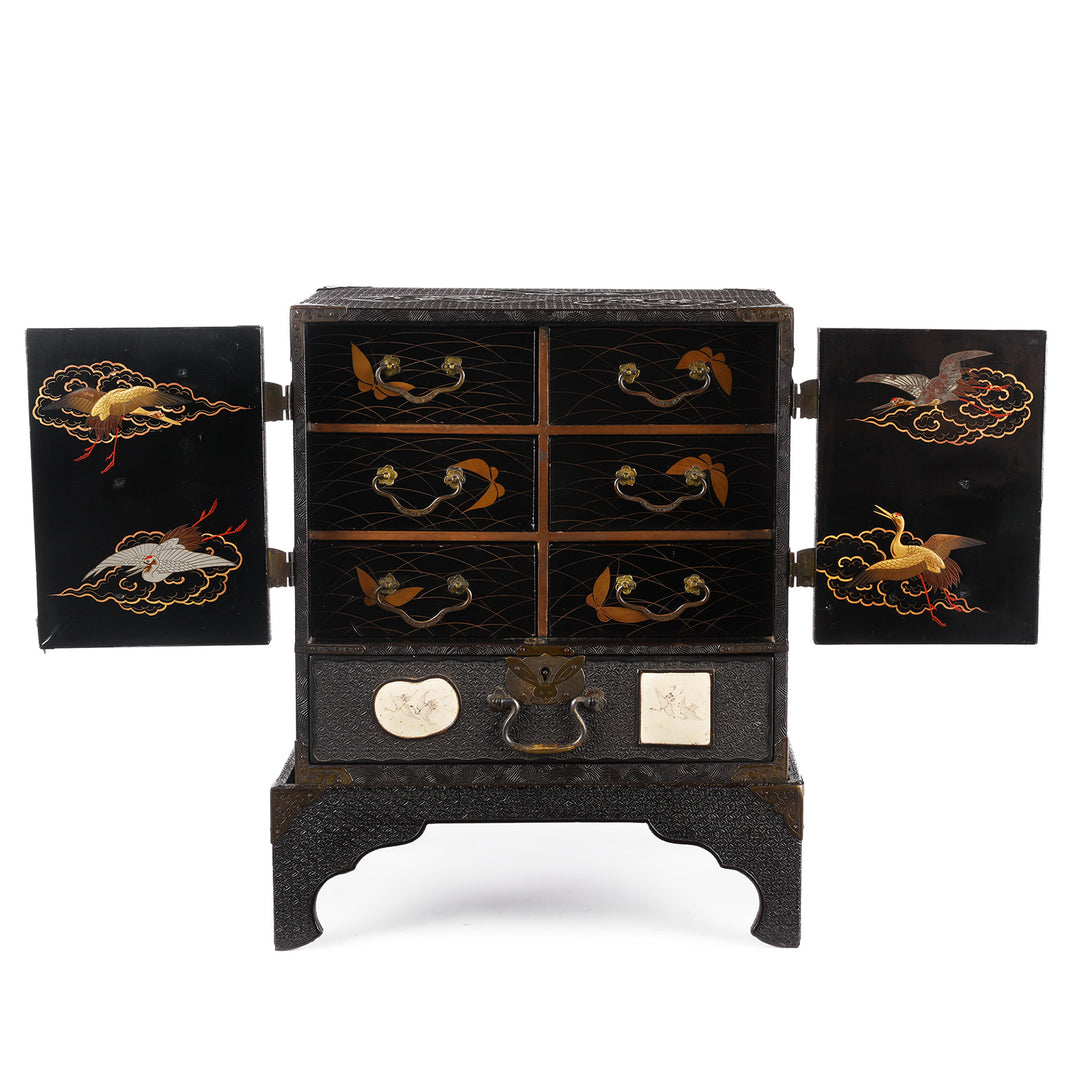 Open Doors View Of Antique Japanese Black Lacquer Kodansu Jewellery Cabinet - Meiji Period | Indigo Antiques