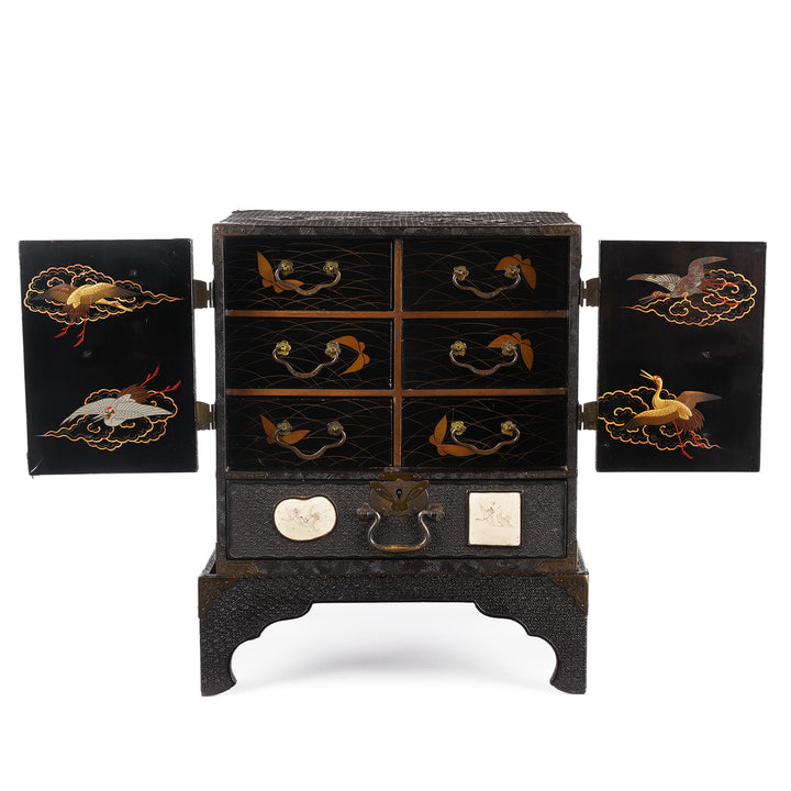 Open Doors View Of Antique Japanese Black Lacquer Kodansu Jewellery Cabinet - Meiji Period | Indigo Antiques