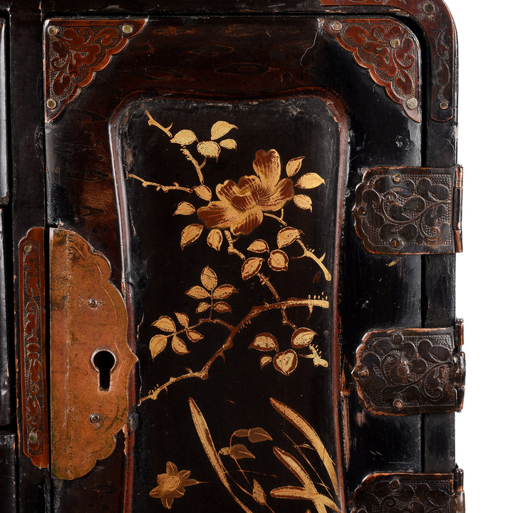 Paintwork Detail From Antique Japanese Black Lacquer Kodansu Jewellery Cabinet - Meiji Period | Indigo Antiques