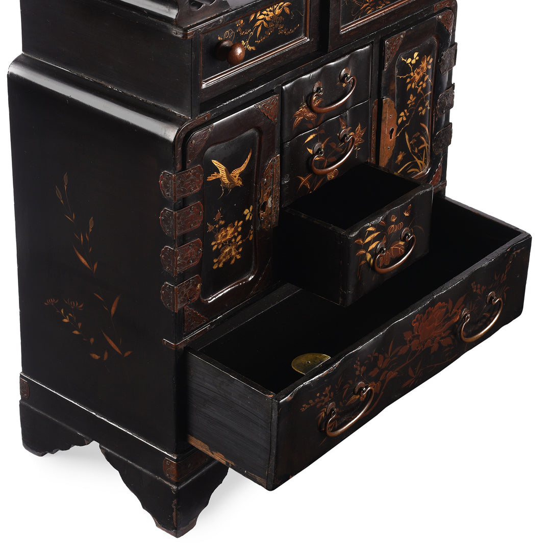 Drawer Detail From Antique Japanese Black Lacquer Kodansu Jewellery Cabinet - Meiji Period | Indigo Antiques