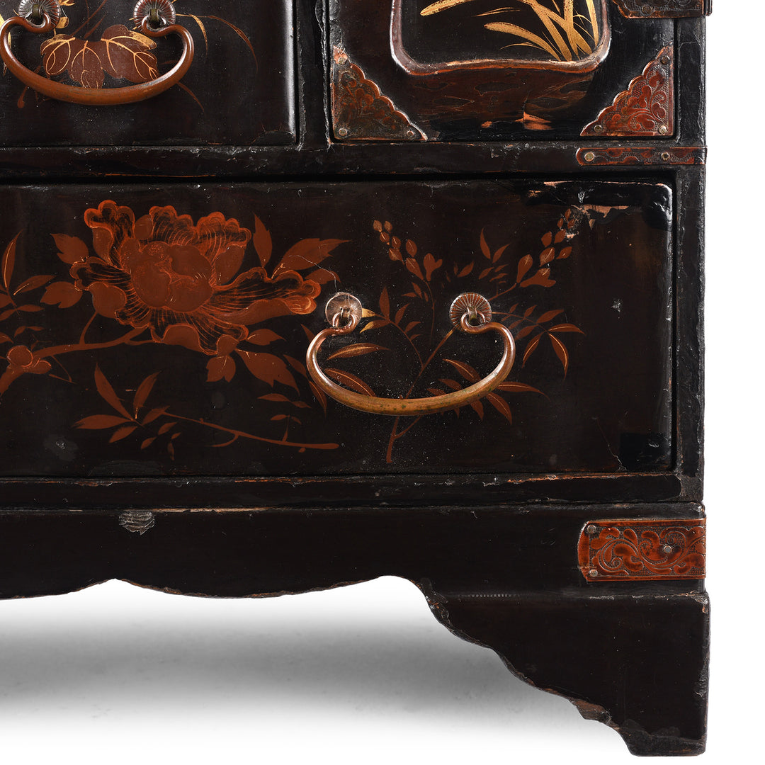 Bottom Corner Detail From Antique Japanese Black Lacquer Kodansu Jewellery Cabinet - Meiji Period | Indigo Antiques