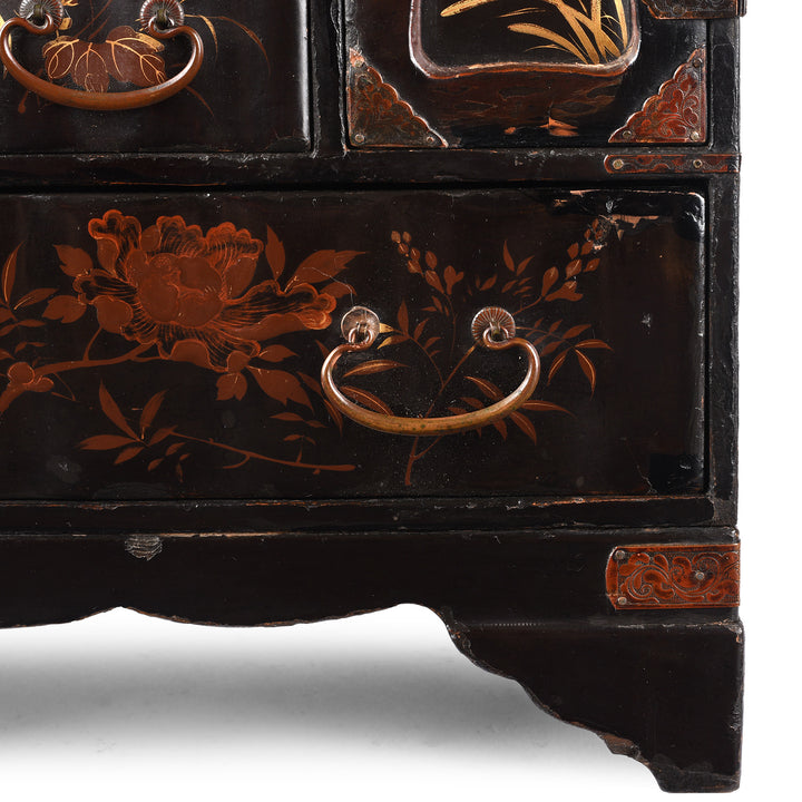 Bottom Corner Detail From Antique Japanese Black Lacquer Kodansu Jewellery Cabinet - Meiji Period | Indigo Antiques