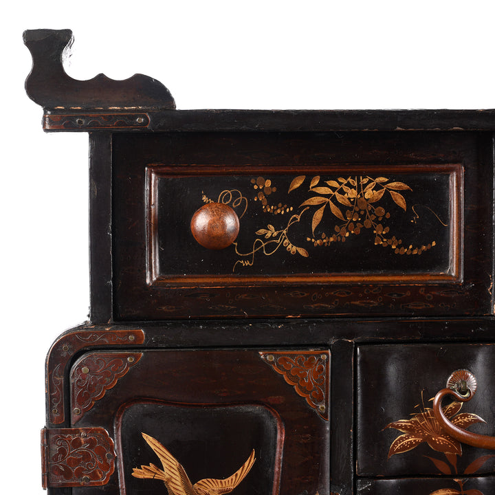 Corner Detail From Antique Japanese Black Lacquer Kodansu Jewellery Cabinet - Meiji Period | Indigo Antiques