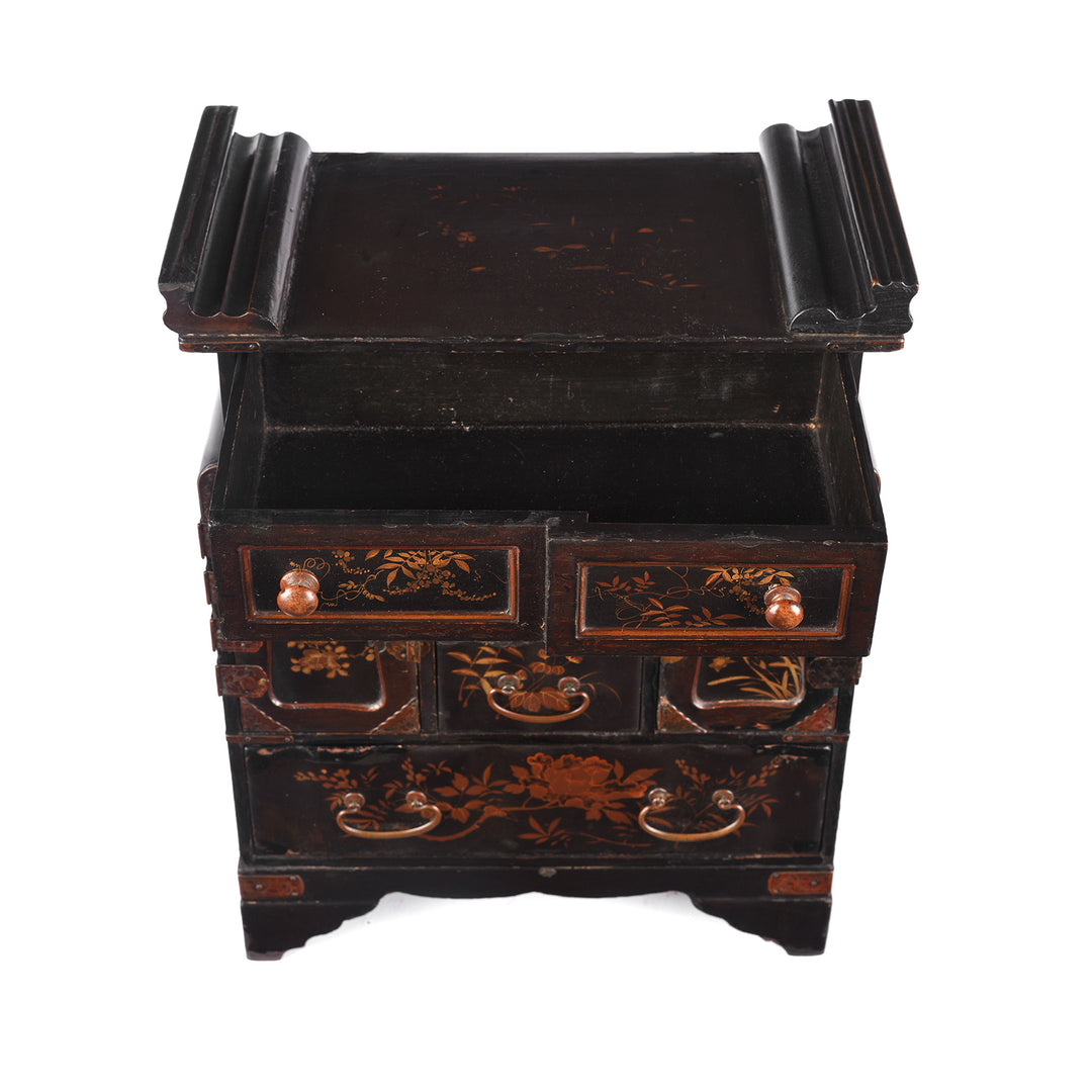 Top Down View Of Antique Japanese Black Lacquer Kodansu Jewellery Cabinet - Meiji Period | Indigo Antiques