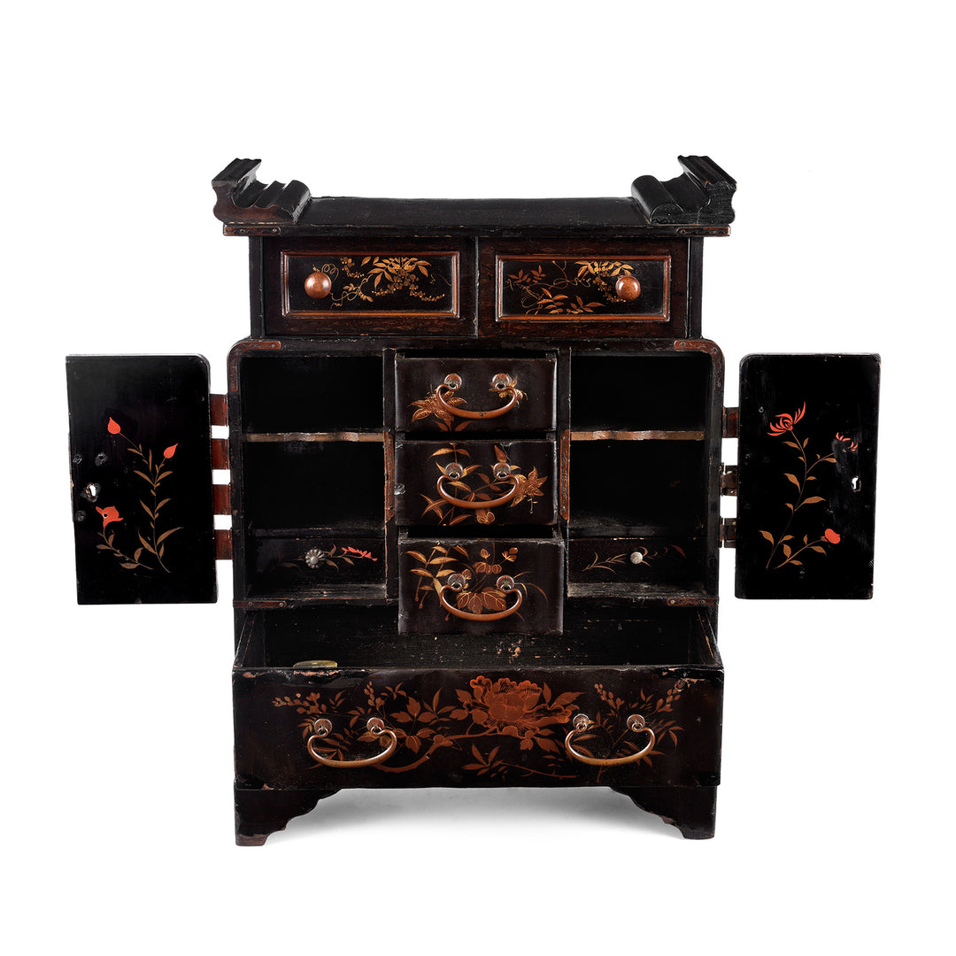 Interior Of Antique Japanese Black Lacquer Kodansu Jewellery Cabinet - Meiji Period | Indigo Antiques
