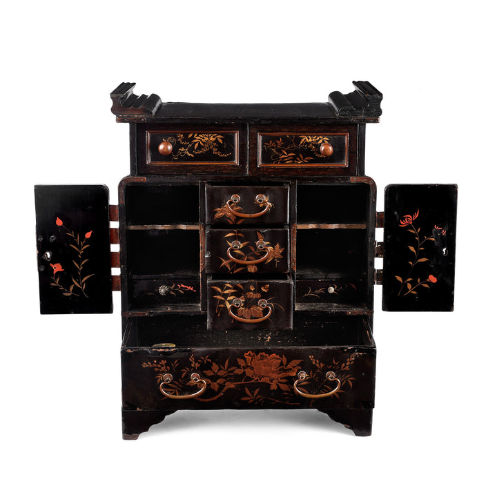 Interior Of Antique Japanese Black Lacquer Kodansu Jewellery Cabinet - Meiji Period | Indigo Antiques
