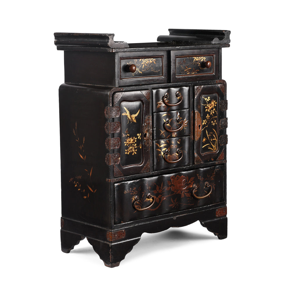 Angled View Of Antique Japanese Black Lacquer Kodansu Jewellery Cabinet - Meiji Period | Indigo Antiques