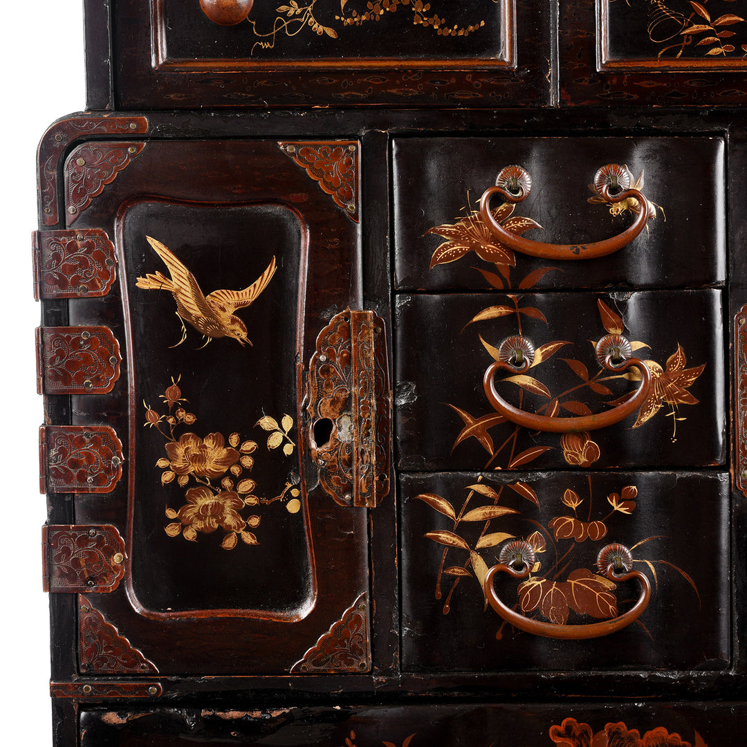 Paintwork Detail From Antique Japanese Black Lacquer Kodansu Jewellery Cabinet - Meiji Period | Indigo Antiques