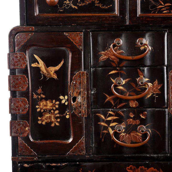 Paintwork Detail From Antique Japanese Black Lacquer Kodansu Jewellery Cabinet - Meiji Period | Indigo Antiques