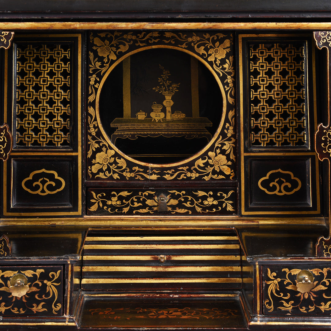 Interior Of Antique Gilt Black Lacquer Chinoiserie Export Shrine Cabinet | Indigo Antiques