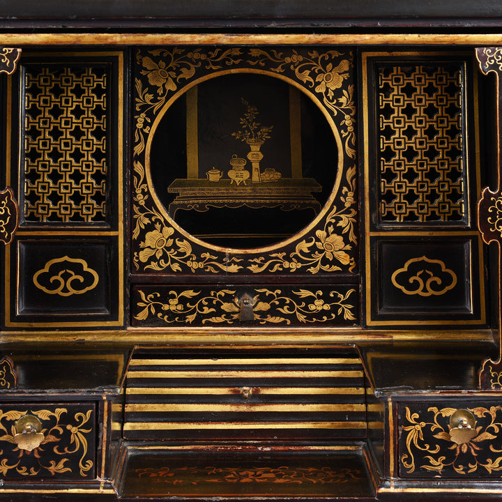 Interior Of Antique Gilt Black Lacquer Chinoiserie Export Shrine Cabinet | Indigo Antiques