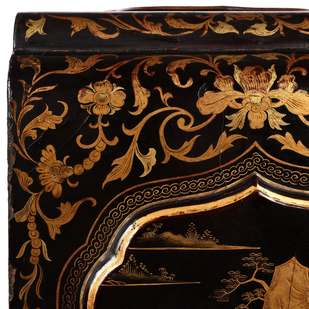 Detail From Antique Gilt Black Lacquer Chinoiserie Export Shrine Cabinet | Indigo Antiques