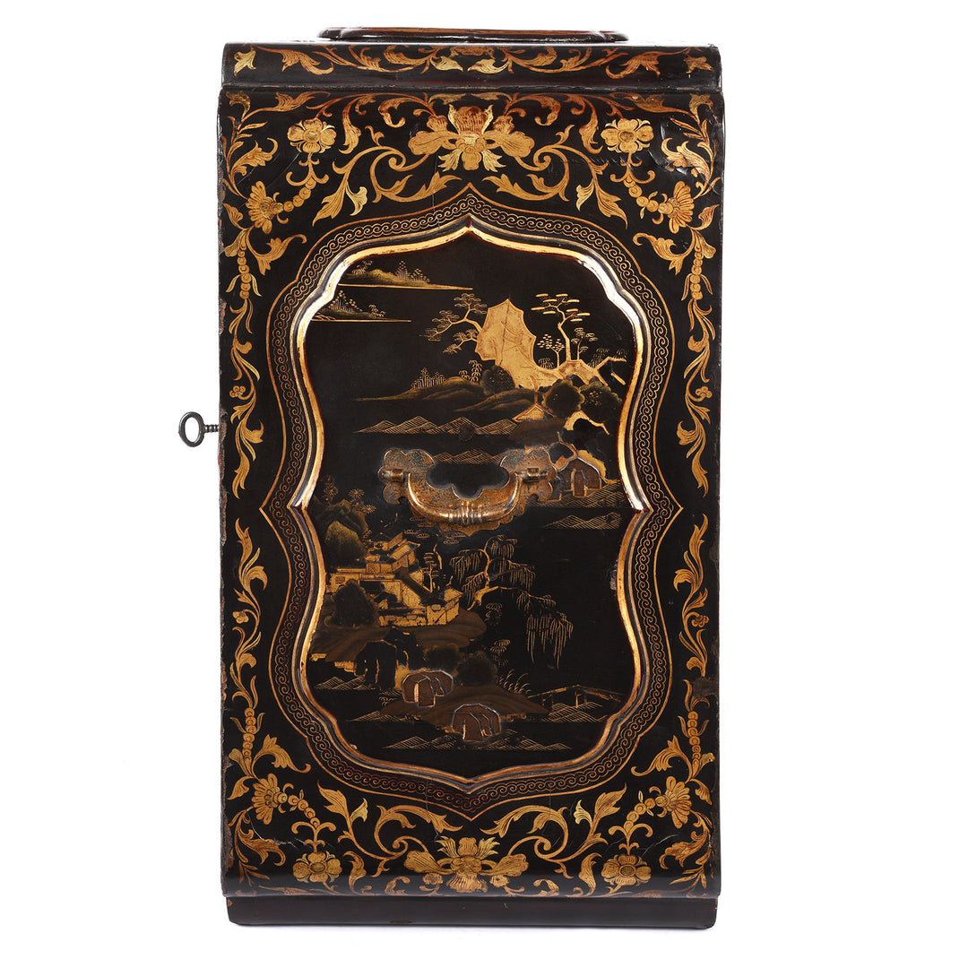 Side Of Antique Gilt Black Lacquer Chinoiserie Export Shrine Cabinet | Indigo Antiques