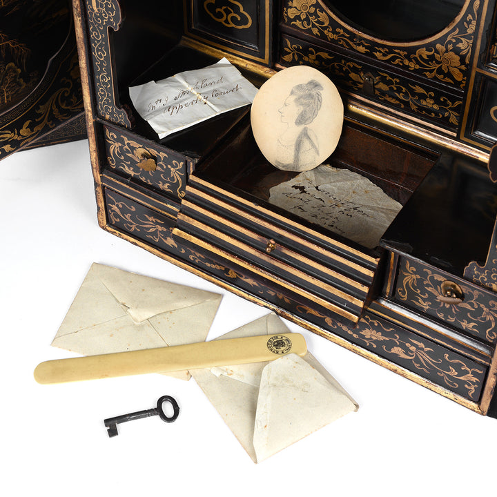 Contents Of Antique Gilt Black Lacquer Chinoiserie Export Shrine Cabinet | Indigo Antiques