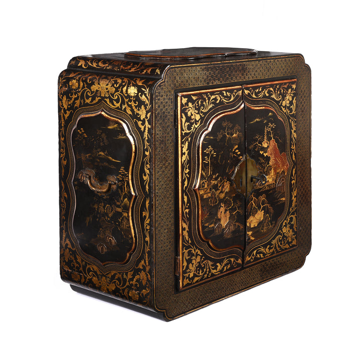 Angled View Of Antique Gilt Black Lacquer Chinoiserie Export Shrine Cabinet | Indigo Antiques