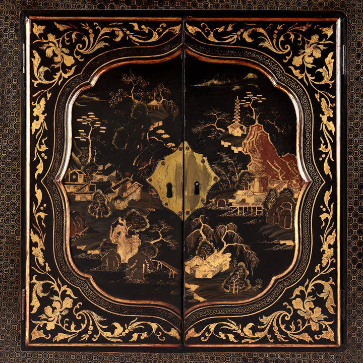 Doors Detail From Antique Gilt Black Lacquer Chinoiserie Export Shrine Cabinet | Indigo Antiques