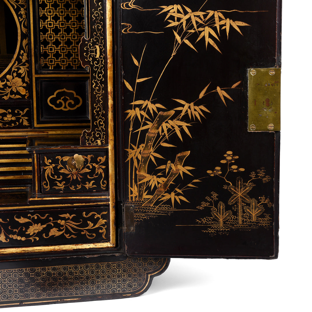Detail From Antique Gilt Black Lacquer Chinoiserie Export Shrine Cabinet | Indigo Antiques