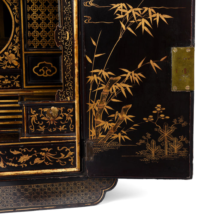 Detail From Antique Gilt Black Lacquer Chinoiserie Export Shrine Cabinet | Indigo Antiques
