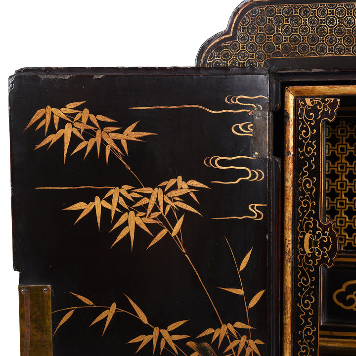 Detail From Antique Gilt Black Lacquer Chinoiserie Export Shrine Cabinet | Indigo Antiques