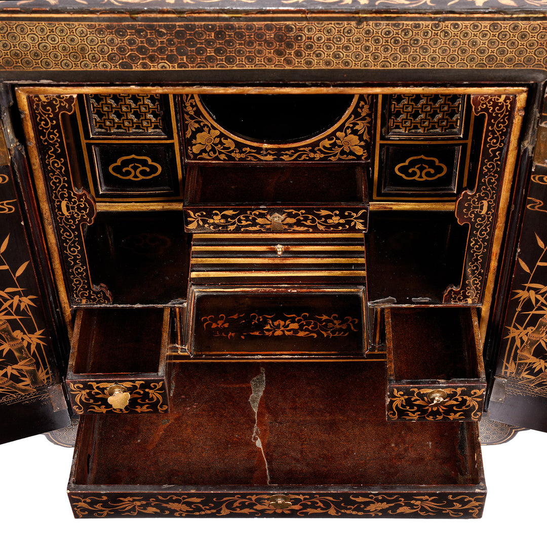 Interior Of Antique Gilt Black Lacquer Chinoiserie Export Shrine Cabinet | Indigo Antiques