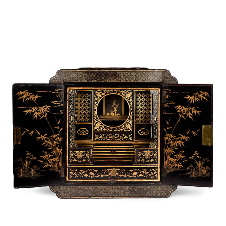 Open View Of Antique Gilt Black Lacquer Chinoiserie Export Shrine Cabinet | Indigo Antiques