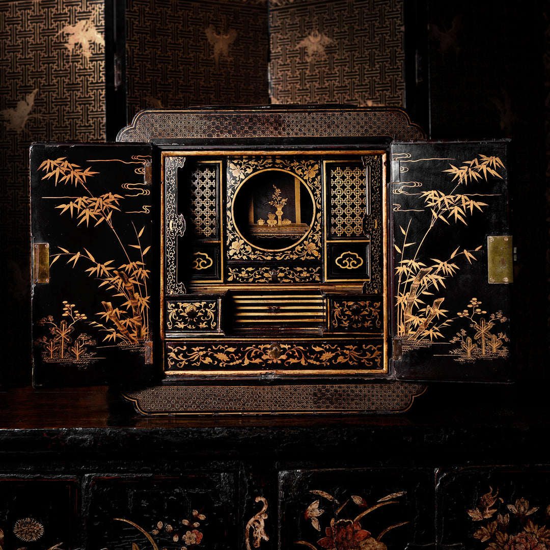 Antique Gilt Black Lacquer Chinoiserie Export Shrine Cabinet | Indigo Antiques