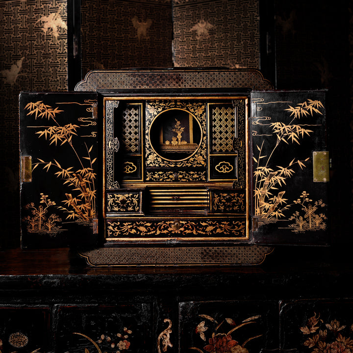 Antique Gilt Black Lacquer Chinoiserie Export Shrine Cabinet | Indigo Antiques